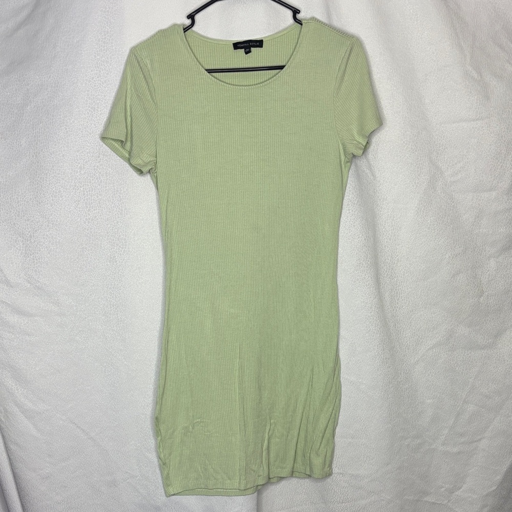 Kendall & Kylie Ribbed Mini Dress Green Short Sleeve Size M